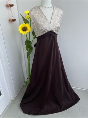 Vintage 60s 70s Solid Brown & Gold Paisley Brocade Print Maxi Evening Gown Dress